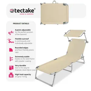 Sun Lounger - foldable, adjustable sunshade and 4-step backrest - beige