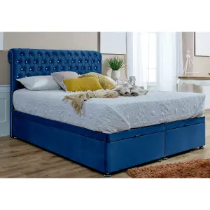 Santino Divan Ottoman Plush Bed Frame With Chesterfield Headboard - Blue