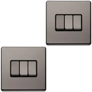 2 PACK 3 Gang Triple Light Switch SCREWLESS BLACK NICKEL 2 Way 10A Slim Rocker