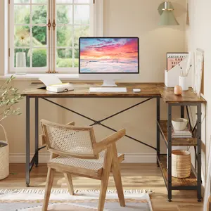 L-Shaped Desk (120 or 140cm x 90cm) Corner Desk with Adjustable Shelves by Aliff Rustic Brown / 74cm H x 140cm W x 90cm D