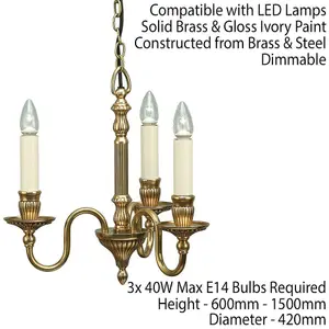 Opulent Hanging Ceiling Pendant Light Solid Brass Gloss Ivory 3 Lamp Chandelier