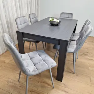 Dining Table and 6 Chairs  Black Dark Grey 6 Grey Velvet Chairs Wood Dining Set Furniture