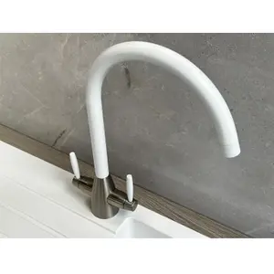 Liquida LB01WH Swan Neck Twin Lever Brushed Steel and White Kitchen Tap