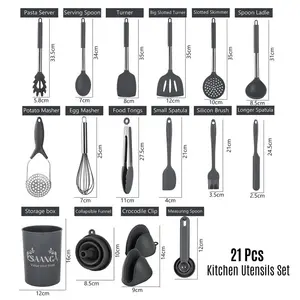 Silicone Kitchen Utensil Set 21 Pcs Non-Stick Heat Resistant Cookware, Food Grade And Dishwasher Safe Cooking Utensils With Holder (Grey) Grey