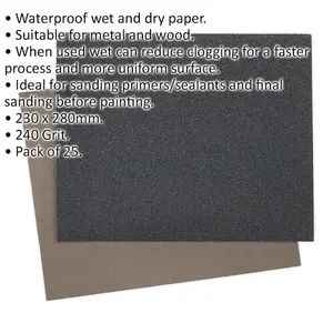 25 PACK Wet & Dry Abrasive Sand Paper - 230 x 280mm - 240 Grit - Waterproof