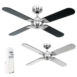 ValueLights 42" Metal Brushed Chrome Propeller Ceiling Fan With 4 Black Blades And Remote Control