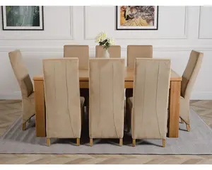 Dakota 182 x 92 cm Chunky Oak Large Dining Table and 8 Chairs Dining Set with Lola Beige Fabric Chairs