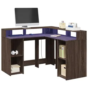 Berkfield Desk with LED Lights Brown Oak 130x130x91 cm Engineered Wood