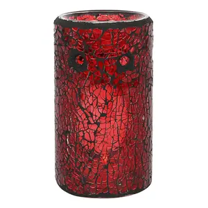 Red Glass Pillar Shaped Oil, Wax Melt Burner. Mirrored Crackle Effect. H14.5 cm