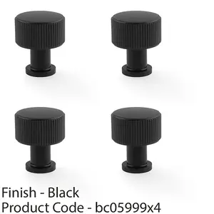 4 PACK - Round Reeded Door Knob - 29mm Diameter Matt Black Lined Cupboard Pull Handle