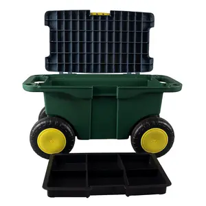 Garden Tool Trolley & Seat - Plastic Storage Cart Box with 4 Wheels, 2 Handles, Clasp Lid & Removeable Tray - H30 x W55 x D27cm