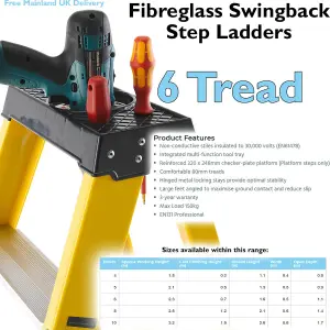 1.1m FIBREGLASS Swingback Step Ladders 6 Tread Professional Lightweight Steps