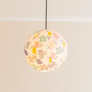 ValueLights Annie Bold Floral Natural Fabric Globe Ball Ceiling Lamp Shade with LED Bulb