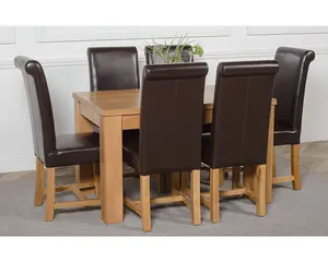 Dakota 127 x 82 cm Chunky Oak Small Dining Table and 6 Chairs Dining Set with Washington Brown Leather Chairs