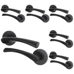 AFIT Matt Black Internal Door Handle - 6 Pairs Matt Black Lever on Rose Round Handles Novi Range