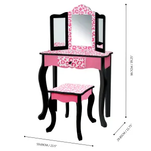 Teamson Kids Dressing Table, Play Vanity Set with Mirror & Stool - Pink/Black/Leopard Print