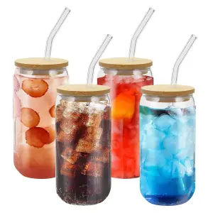 4 X 16oz Can Shaped Glass Cups - Drinking Glasses with Bamboo Lids and Glass Straw - Classic Design With Aesthetic Appeal