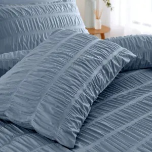 Catherine Lansfield Bedding Seersucker Embellished Duvet Cover Set with Pillowcases Lansfield Blue