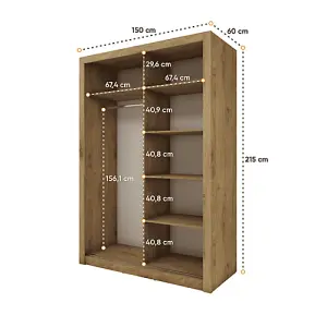 Warm Sliding Door Wardrobe with Mirrored Doors and Organiser Shelves in Shetland Oak (H2150mm x W1500mm x D600mm)