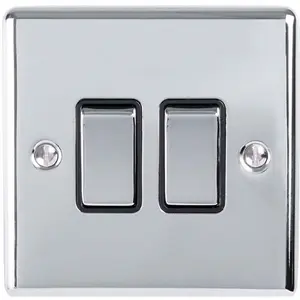 2 Gang Double Light Switch POLISHED CHROME 2 Way 10A Black Trim & Metal Rocker