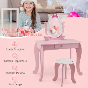 Costway 2-in-1 Kids Vanity Set Wooden Vanity Table w/ Stool Oval Rotatable Mirror