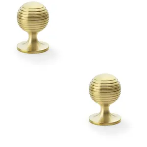 2 PACK - Reeded Ball Door Knob - 38mm Diameter Satin Brass Lined Cupboard Pull Handle