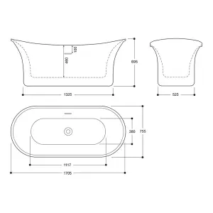 Luxury 1695x750 Gold Freestanding Bathtub with Brushed Brass Mixer Tap Set