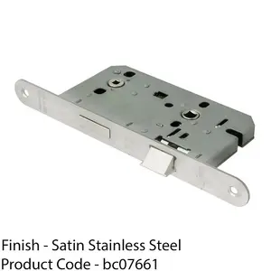 55mm Bathroom DIN Lock - Satin Steel Radius - Reversible Latch Privacy WC