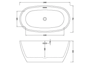 Contemporary Oval Freestanding Bath and Waste - 1400 x 740 x 590mm - White