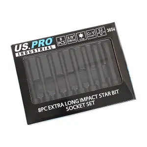 US PRO Industrial 8pc 3/8" DR Extra Long Impact Star Torx Bit Socket Set T25 - T60 3654