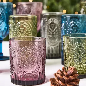 Set of 4 Vintage Luxury Mix-Match Embossed Short Drinking Glass Tumblers 300ml