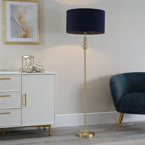 ValueLights Marissa Gold Stacked Ball Floor Lamp with Navy Blue Drum Shade