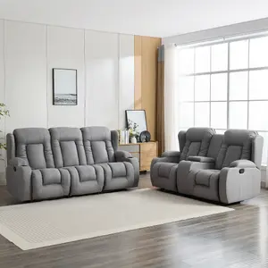 Caesar 2+3 Seater Grey Technology Fabric Modern Manual Recliner Sofa Set W Drinks Console