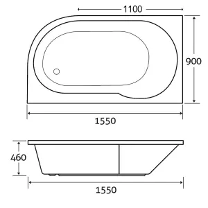 Darwin Left Hand White Super-Strong Acrylic Single Ended Compact Bath (L)1550mm (W)900mm