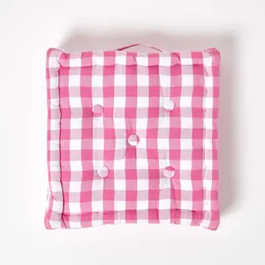 Homescapes Pink Block Check Cotton Gingham Floor Cushion, 40 x 40 cm