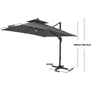 Dark Grey Outdoor Large Square Tilting Canopy LED Cantilever Parasol with Cross Base 3M