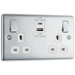 BG Polished Chrome Double 13A 22W Raised slim Switched Screwed Socket with USB, x2 & White inserts