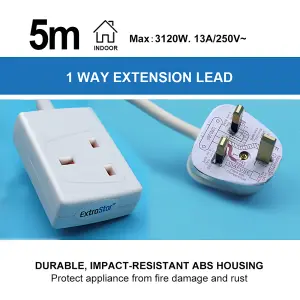 Extrastar 1 Way 13A Extension Leads with Cable 3G1.25, 5M, White