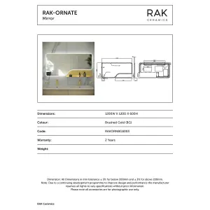 RAK Ornate 600x1200 Brushed Gold Square with Touch Sensor Illuminated Mirror IP44