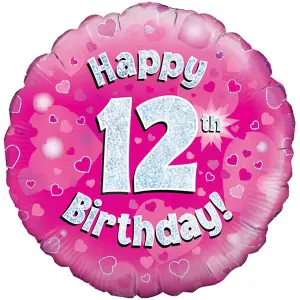 Oaktree 18 Inch Happy 12th Birthday Pink Holographic Balloon Pink/Silver (One Size)