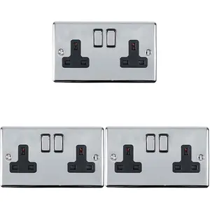 3 PACK 2 Gang Double UK Plug Socket POLISHED CHROME 13A Switched Black Trim