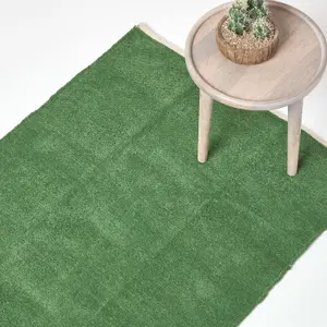 Homescapes Dark Olive 100% Cotton Plain Chenille Rug with Natural Trim, 90 x 150 cm