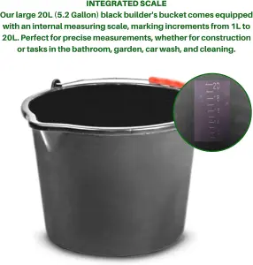 20L Black Plastic Bucket with Handles Sturdy Big Water Bucket with Measuring Scale- Ideal for for Builders Car Washes Bathroom etc