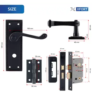 XFORT Matt Black Hanoverian Bathroom Handles Pack With Hinges & Lock