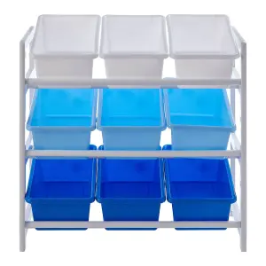 Interiors By Premier Sleek Three Tier White And Blue Storage Unit, Angled Buckets Storage Unit For Kids Room, Slim Storage Boxes