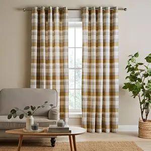 Brushed Cotton Thermal Check Lined Eyelet Curtains Ochre / 117 W x 137 D cm