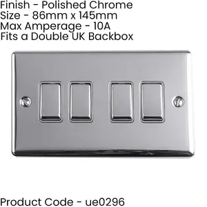 4 Gang Quad Light Switch POLISHED CHROME 2 Way 10A GREY Trim & Metal Rocker