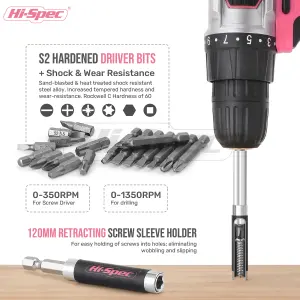 Pink Cordless Drill Driver Set 18V Electric Screwdriver-With Battery-58 Pcs Kit