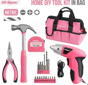 Hi-Spec Pink 20pc Home DIY Tool Kit. Complete Household Hand Tools. All Essential Repairs in a Bag