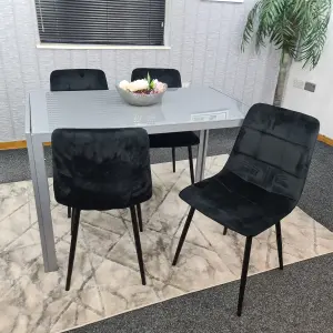 Grey Dining Table and 4 Black Velvet Chairs Kitchen Dining Set of 4 Glass Table